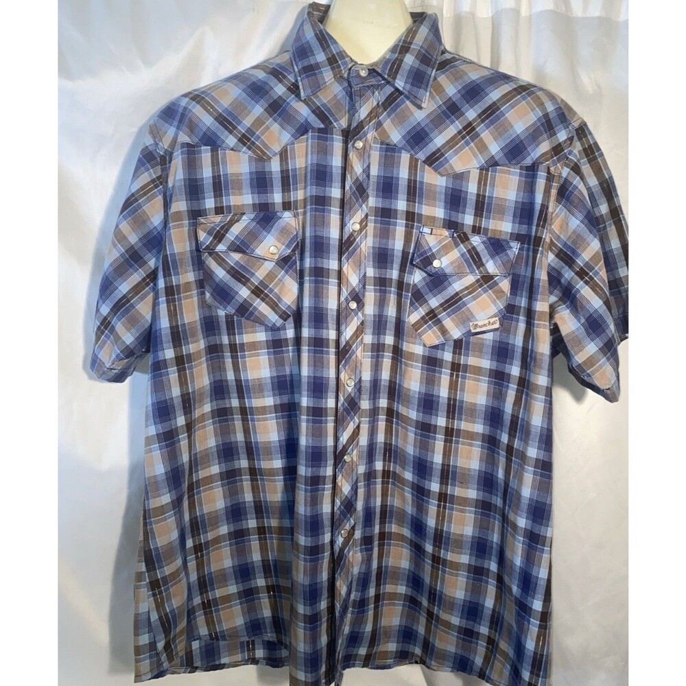 Wrancher pearl snap Western Rodeo collared silver thread shine Plaid 2X Cowboy X